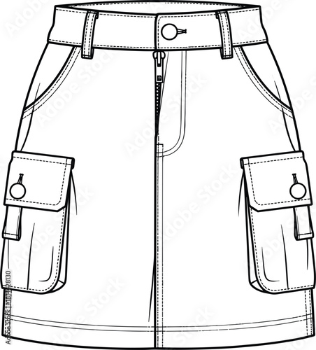 High waist skirt technical fashion sketch, front zipper, flap pockets, belt loops, curved seams, garment construction, vector template, apparel design, sewing detail,