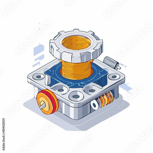 A detailed isometric illustration of a complex mechanical gear and spring assembly, representing an engineering schematic for a precision machine component