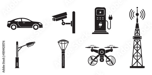 Vector icon set of smart city technology and urban infrastructure, including a car, surveillance camera, EV charging station, drone, streetlights, and a radio tower silhouette