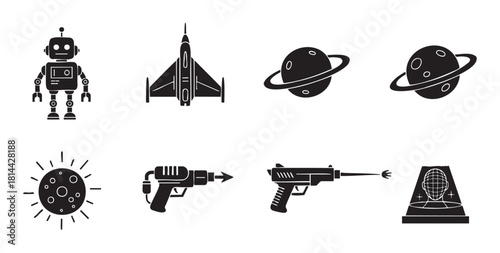 Set of retro futuristic science fiction glyphs including a classic robot, space fighter, ringed planets, and rayguns, presented as simple black silhouettes
