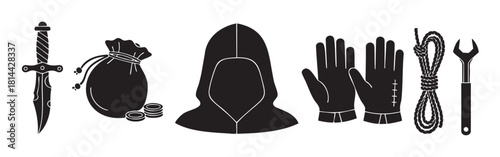 Set of black silhouette icons representing a thief or rogue character's equipment, including a dagger, money bag, hood, gloves, rope, and wrench