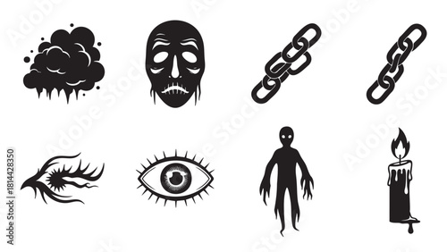 Eerie collection of black and white graphic symbols for horror or occult themes, including a ghostly figure, a melting face, broken chains, and a mysterious eye
