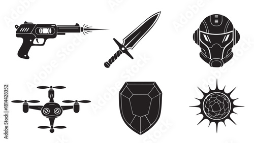 Collection of black silhouette icons for science fiction and fantasy themes, featuring a futuristic blaster, medieval dagger, robotic helmet, quadcopter drone, crystal shield, and spiky orb