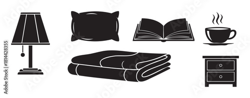 Collection of black silhouette icons representing bedroom comfort and relaxation, including a lamp, pillow, book, hot drink, blanket, and nightstand