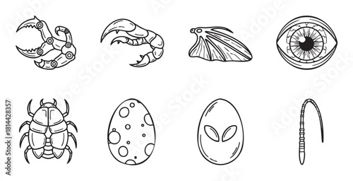 Hand-drawn collection of science fiction and fantasy creature parts, featuring a robotic claw, alien egg, monster eye, and insect, all rendered in a clean line art style