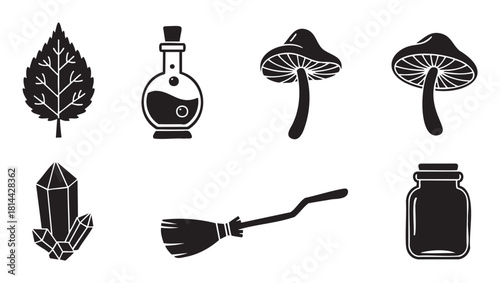 Collection of black silhouette icons representing witchcraft and magic, featuring a leaf, potion bottle, mushrooms, crystal, broomstick, and jar