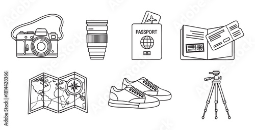 Set of travel and photography essentials including a camera, lens, passport, map, sneakers, and tripod, illustrated in a clean black and white line art ic