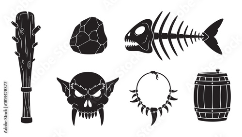 Set of black silhouette icons for a fantasy theme, including a monster skull, wooden club, fish skeleton, barrel, stone, and a tooth necklace