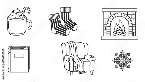 Collection of cozy winter holiday icons in a hand-drawn line art style, featuring a fireplace, armchair, hot chocolate, warm socks, a book, and a snowflake