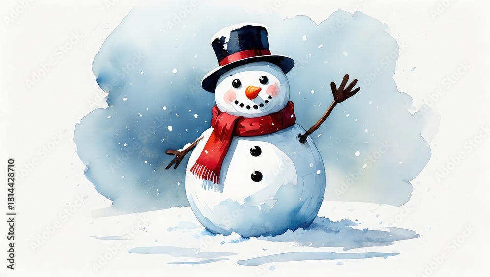 Obraz premium Cheerful snowman wearing red scarf and black hat waving