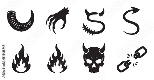 Set of black silhouette icons representing demonic and evil themes, including a horned skull, flames, claws, and a broken chain