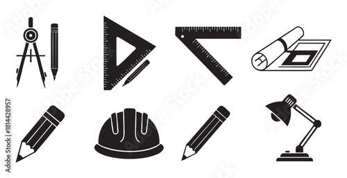 Set of black silhouette icons representing architecture, engineering, and construction tools like a compass, ruler, hard hat, and blueprint
