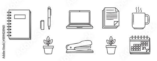 Minimalist set of office and business icons in a simple black line art style, including a laptop, notebook, pen, documents, calendar, and coffee mug