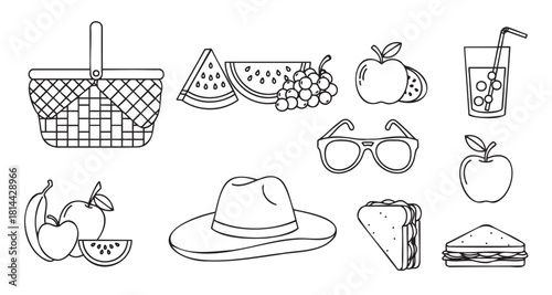 Collection of black and white line art icons for a summer picnic, featuring a wicker basket, fresh fruit, sandwiches, a sun hat, and sunglasses