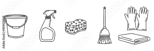 Set of cleaning and housekeeping icons in a minimalist black line art style, including a bucket, spray bottle, sponge, broom, and rubber gloves