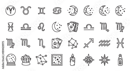 Set of minimalist black outline icons for astrology, featuring zodiac symbols, crescent moons, constellations, and esoteric elements for divination
