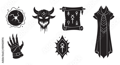 Collection of black silhouette icons for a fantasy role-playing game, featuring a demon mask, magic scroll, warlock robe, clawed gauntlet, and mystical amulet