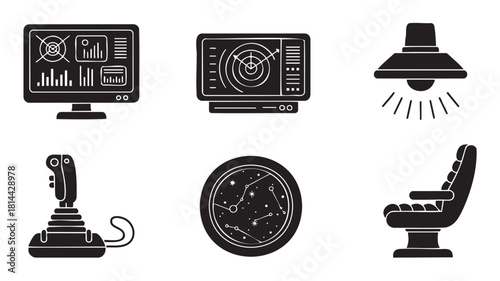 Collection of monochrome vector icons for a spaceship control room or futuristic interface, featuring a monitor, radar, joystick, star map, and pilot chair on a clean white backdrop