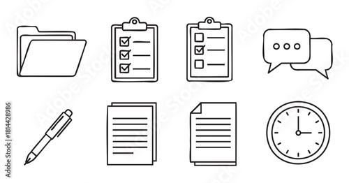 Set of hand-drawn business and office icons in a minimalist line art style, including a folder, checklist, document, pen, clock, and speech bubbles for productivity concepts