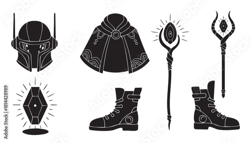 Collection of fantasy and science fiction character equipment icons, featuring a futuristic helmet, magical cloak, glowing crystal, powerful staves, and boots for an adventure game