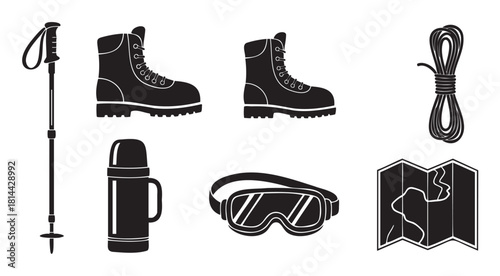 Collection of black silhouette icons representing hiking and mountaineering equipment, including boots, a map, rope, goggles, a thermos, and a trekking pole