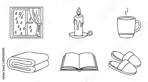Charming set of black and white line art icons depicting a cozy day indoors, featuring a rainy window, a lit candle, a steaming mug, a soft blanket, a book, and warm slippers