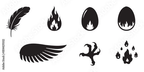 Set of black silhouette icons representing a mythical creature like a phoenix, including a feather, wing, claw, flame, and a hatching fiery egg