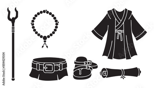 Collection of black silhouette icons representing a fantasy monk or traveler's equipment, including a staff, prayer beads, robe, sandals, and scroll