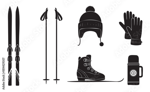 Collection of black silhouette icons representing winter ski equipment and apparel, including skis, poles, a warm hat, gloves, a boot, and a thermos
