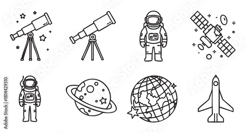 Collection of space exploration and astronomy icons in a clean black and white line art style, featuring an astronaut, telescope, satellite, planet, rocket, and globe