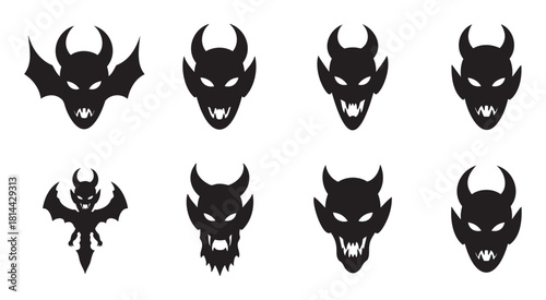 Collection of eight black silhouette icons featuring various demonic heads, monsters, and winged creatures with horns and sharp teeth