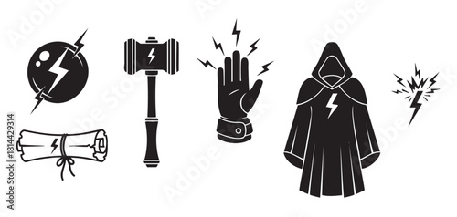 Collection of black silhouette fantasy icons for a thunder god or wizard, featuring a magic hammer, enchanted scroll, hooded cloak, and various lightning bolt power symbols