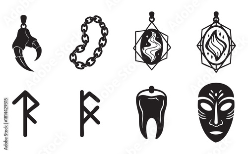Diverse set of black silhouette icons representing fantasy and mythological themes, including ancient runes, magical amulets, a claw talisman, a chain, and a tribal mask