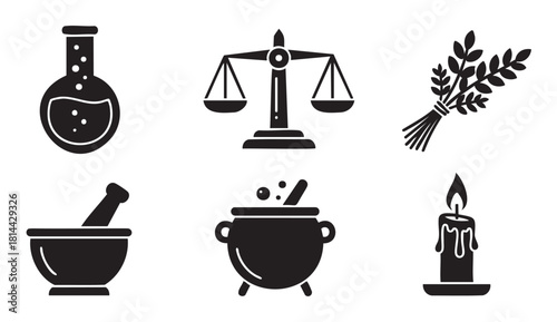 Diverse set of black glyph icons related to alchemy, magic, and old science, featuring a potion flask, scales, herbs, mortar, cauldron, and candle in a simple vector style