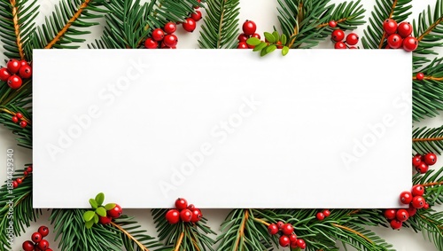 Christmas fir branches and red berries surrounding blank white card