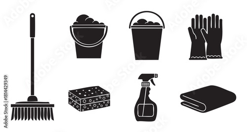 Set of black silhouette icons representing various cleaning supplies and housekeeping tools, including a broom, bucket with foam, rubber gloves, sponge, and spray bottle
