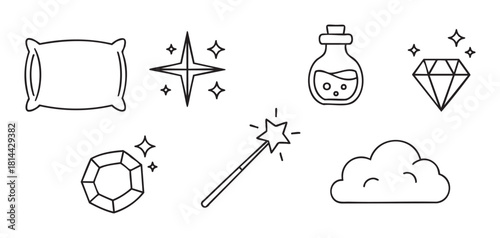 Charming collection of hand-drawn doodle icons featuring a pillow, star, potion, diamond, wand, and cloud, representing themes of magic, dreams, and fairy tales