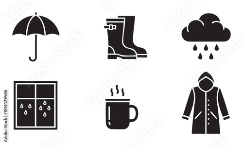 Set of black glyph icons representing rainy weather essentials like an umbrella, rubber boots, raincoat, a hot drink, and a window with raindrops