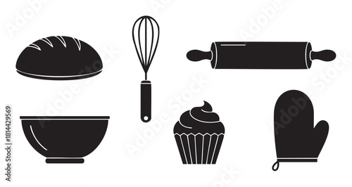 Simple graphic illustration of various baking equipment and food items, including a whisk, rolling pin, oven mitt, bowl, bread, and cupcake, shown as black silhouettes