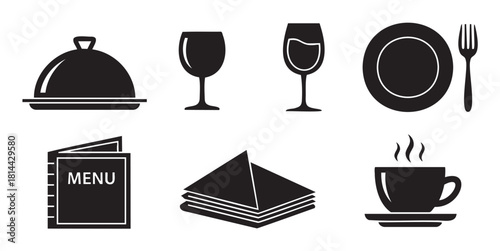 Collection of black silhouette icons representing restaurant service and dining elements like a cloche, wine glass, plate, menu, and coffee cup