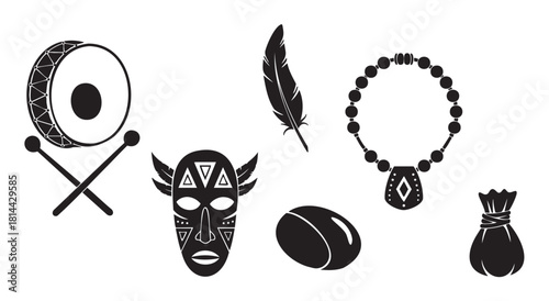 Minimalist black and white collection of traditional tribal objects, including a ceremonial mask, a drum, a feather, a beaded necklace, a stone, and a pouch