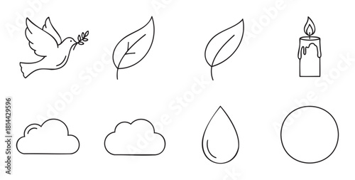 Set of minimalist black line art icons including a dove of peace with an olive branch, leaves, a candle, clouds, and a water drop