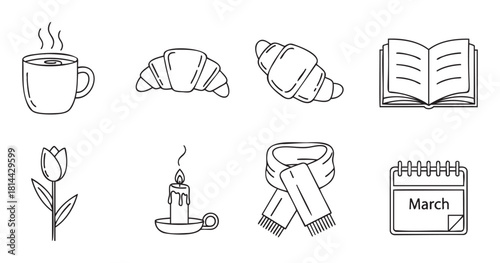 Collection of cozy spring-themed icons in a minimalist black and white line art style, featuring a hot drink, croissants, a book, a tulip, a candle, a scarf, and a calendar