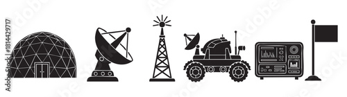 Set of black silhouette icons representing a planetary research base, including a geodesic dome, satellite dish, rover, and communication tower
