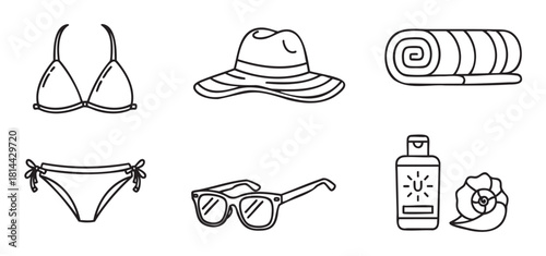 Collection of summer beach vacation accessories including a bikini, sun hat, towel, sunglasses, and sunscreen, illustrated in a minimalist black line art icon style