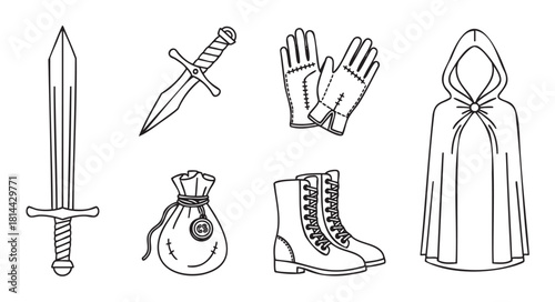 Collection of medieval fantasy adventurer equipment including a sword, dagger, cloak, gloves, boots, and money pouch, illustrated in a clean black and white line art style