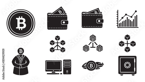 Collection of black and white glyph icons representing cryptocurrency and blockchain technology, including symbols for digital coins, wallets, trading charts, and decentralized networks