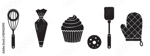 Collection of black silhouette baking icons including a whisk, piping bag, cupcake, spatula, and oven mitt