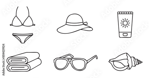 Collection of minimalist black line art icons representing summer beach vacation essentials, including a bikini, sun hat, sunscreen, towel, sunglasses, and seashell