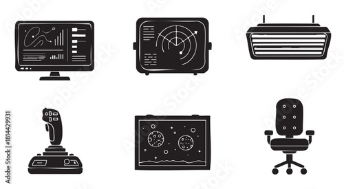 Collection of black and white glyph icons representing spaceship control room equipment like a monitor, radar, joystick, and chair